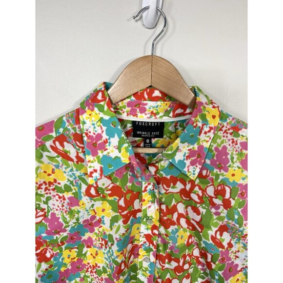 Foxcroft Women Blouse 16 Pink Floral Button Down 100% Cotton Shaped Fit No Iron - Picture 3 of 11